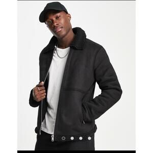 Barneys Original blk faux suede borg Lined Aviator Jacket sherpa-lined bkr sz S